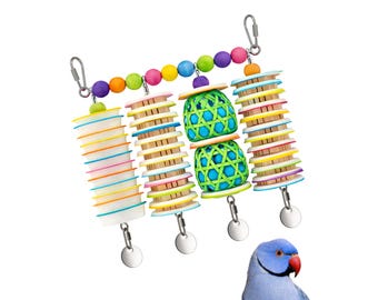 Jangly Wall of Toys™ | Refillable parrot toy set with palm shredders & wood blocks | Small-Medium