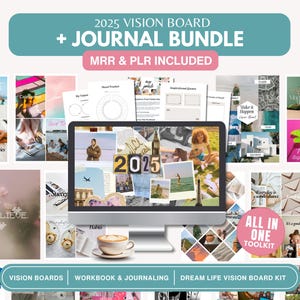 2025 Vision Board & Journaling Bundle | PLR/MRR, Vision Board Templates, Manifestation, Affirmations, Canva Template, Editable Vision Board