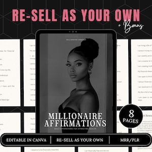 Millionaire Affirmations eBook MRR, droits de revente maître, droits de marque privée, ebook DFY, produits numériques PLR, vente sur Etsy
