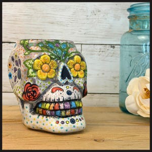 Taza de esqueleto arcoíris / Taza de café del Día de Muertos / Cerámica de calavera de azúcar colorida /