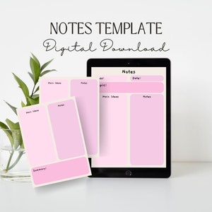 May include: A digital download of a pink and cream notes template with sections for main ideas, notes, and a summary. The template is displayed on a tablet and a printed version is shown on a white surface.