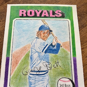 オリジナル ドローイング 1975 Topps ジョージ ブレット カンザス シティ ロイヤルズ ベースボール カード アート スケッチ ドローイング