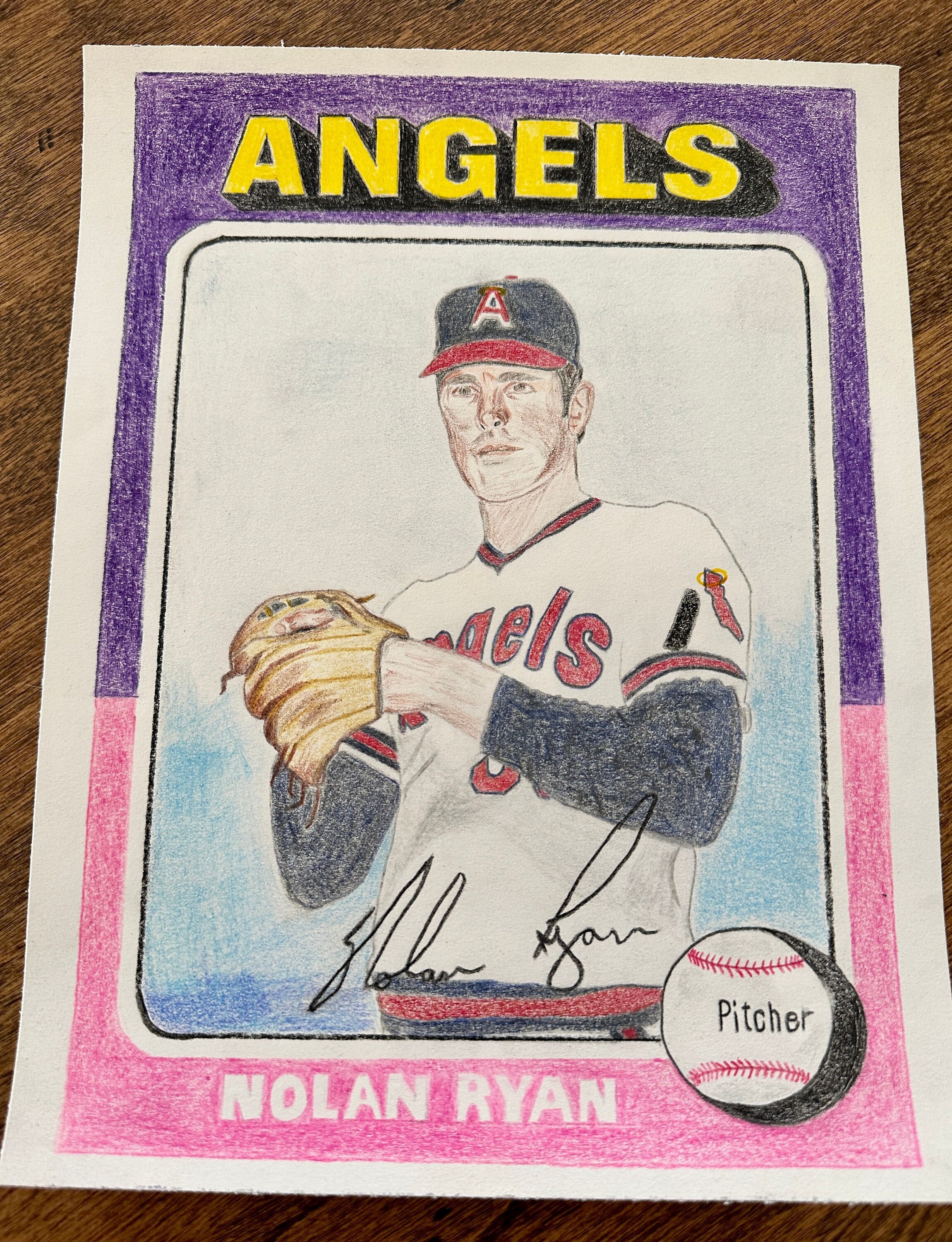 Original Drawing 1975 Topps Nolan Ryan California Angels Baseball 