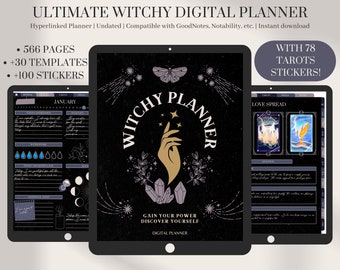 Undated Witchy Digital Planner Dark Mode | Free Tarot Stickers | Modern Witch | Moon Rituals | Witch Journal | Pre Cropped Stickers
