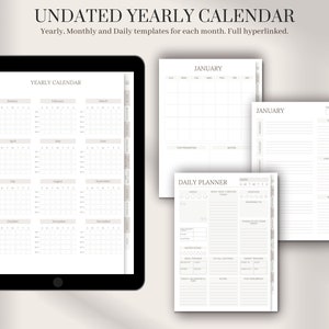 May include: A digital planner with undated yearly, monthly, and daily calendar templates. The planner includes sections for goals, appointments, notes, and daily tasks.