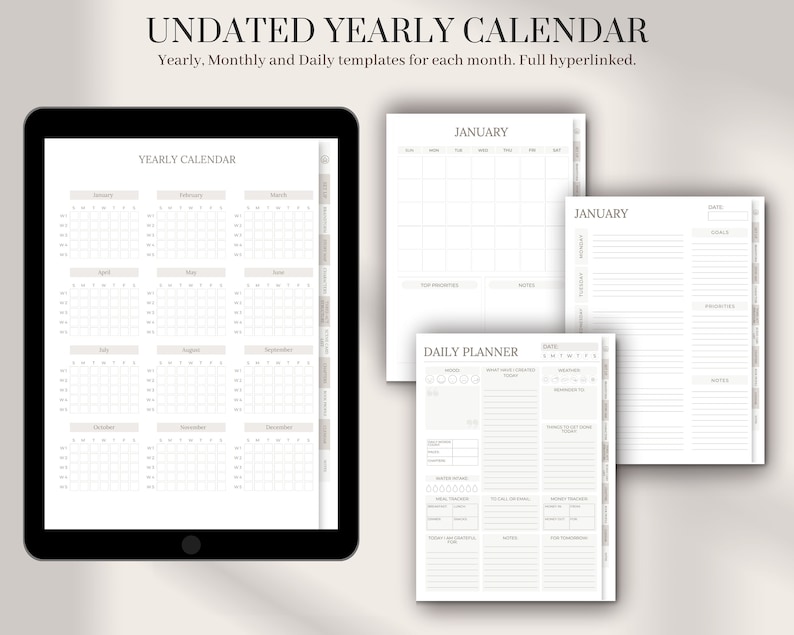 May include: A digital planner with undated yearly, monthly, and daily calendar templates. The planner includes sections for goals, appointments, notes, and daily tasks.