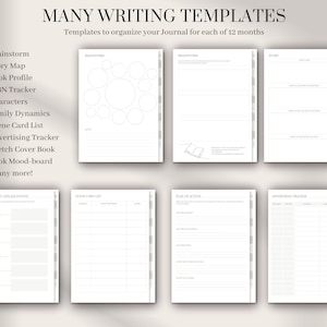 May include: A set of printable writing templates for organizing a journal. The templates include brainstorming, story map, book profile, ISBN tracker, characters, family dynamics, scene card list, advertising tracker, sketch cover book, and book mood board.
