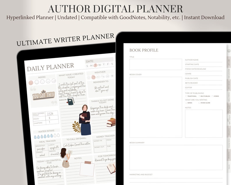 May include: A digital planner designed for authors, with sections for daily planning, book profile, and marketing. The planner features a light brown and white color scheme with illustrations of a woman writing and a stack of books.