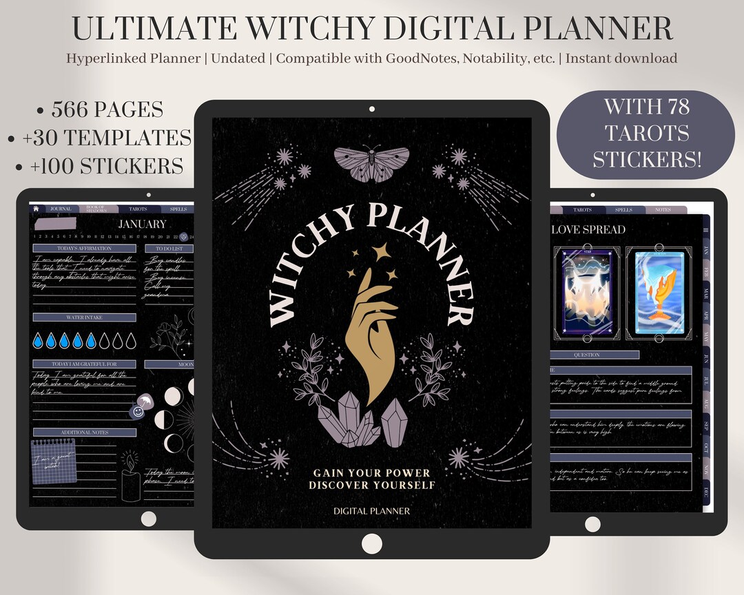 Undated Witchy Digital Planner Dark Mode | Free Tarot Stickers | Modern ...