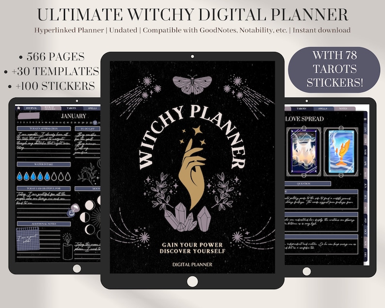 Undated Witchy Digital Planner Dark Mode | Free Tarot Stickers | Modern ...