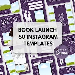 May include: A collection of 50 purple and white Instagram templates for book launches, featuring various layouts with text boxes, photo frames, and graphic elements. The designs include headings like About Me, Chapter One, and Trope Reveal, with an editable Canva sticker.