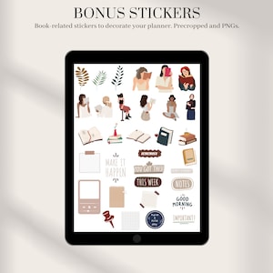 May include: A digital tablet screen displaying a collection of colorful stickers featuring illustrations of people reading books, books, and text such as "Make it Happen", "You Got This", "This Week", "Notes", "Good Morning", and "Important!"