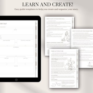 May include: A digital planner with templates for story writing. The planner includes sections for story map, character development, and three-act structure.