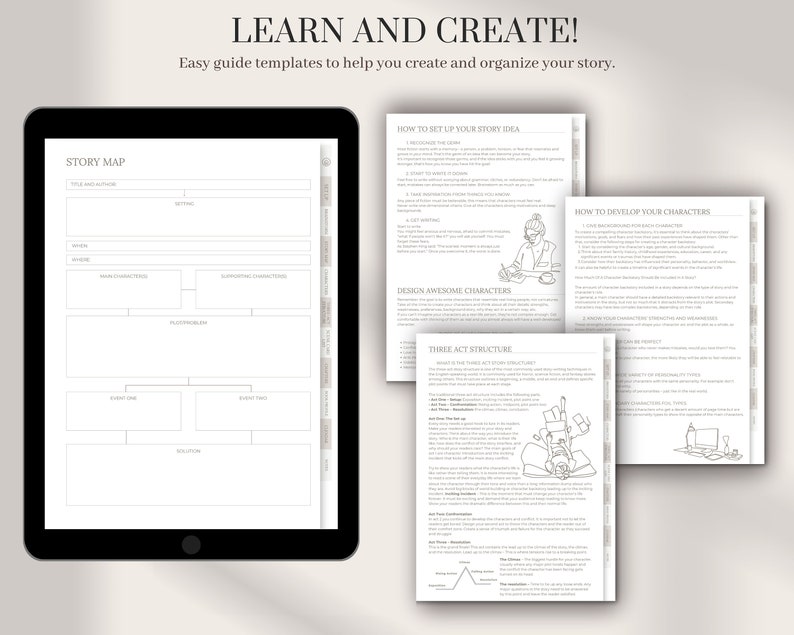 May include: A digital planner with templates for story writing. The planner includes sections for story map, character development, and three-act structure.