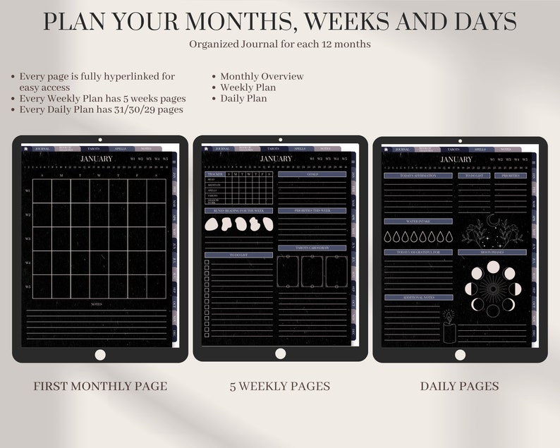 Undated Witchy Digital Planner Dark Mode | Free Tarot Stickers | Modern ...