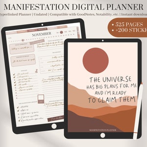May include: A digital planner with a brown, orange, and white landscape design. The text "The Universe Has Big Plans For Me And I'm Ready To Claim Them" is displayed on the screen. The planner is advertised as having 525 pages and 200 stickers.