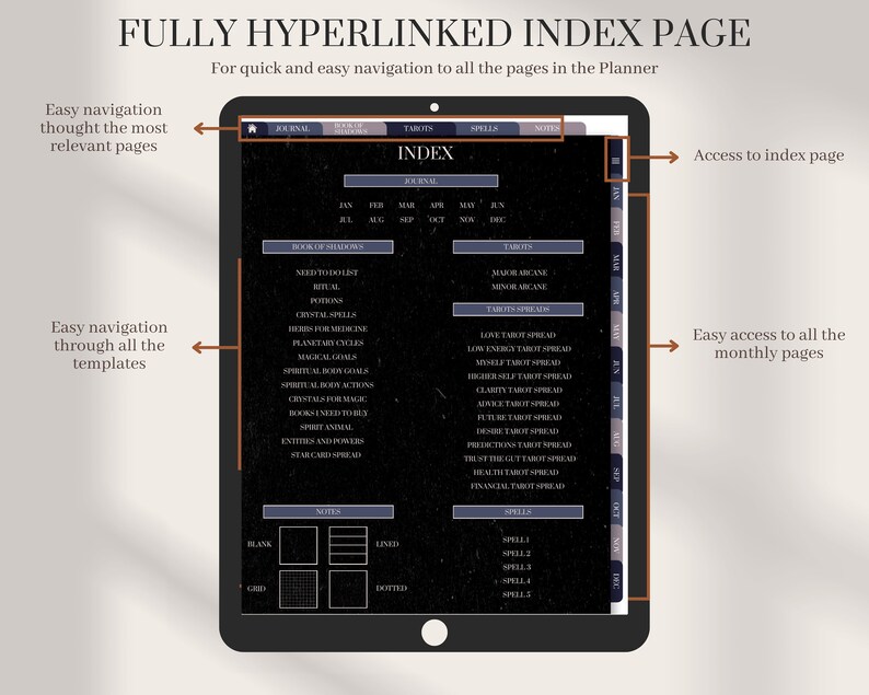 Undated Witchy Digital Planner Dark Mode | Free Tarot Stickers | Modern ...