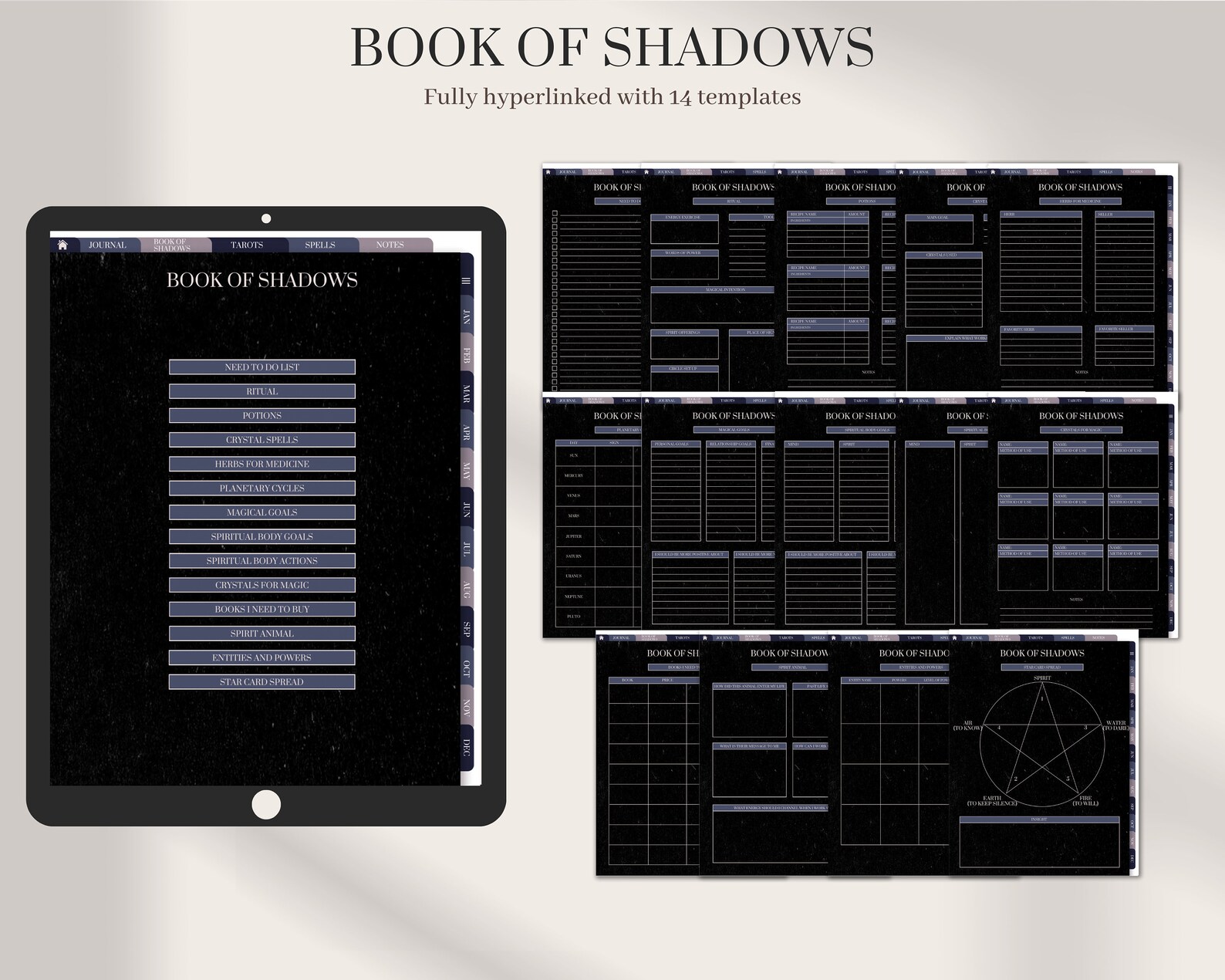 Undated Witchy Digital Planner Dark Mode | Free Tarot Stickers | Modern ...