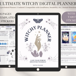 May include: A digital planner with a purple and gray witchy theme. The planner has 566 pages, 30 templates, and 100 stickers. It includes 78 tarot stickers. The planner is compatible with GoodNotes, Notability, and other note-taking apps.
