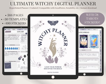 Undated Witchy Digital Planner Light Mode | Pre Cropped Stickers, 78 Free Tarot Stickers | Modern Witch | Moon Rituals | Witch Journal