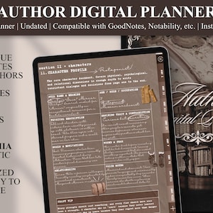 May include: A digital planner for authors displayed on a tablet screen, featuring a character profile template with sections for physical description, goals, and motivations. The interface uses a dark brown color palette with white text.