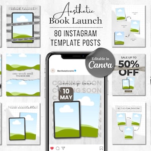 May include: A collection of 80 Instagram template posts for a book launch, featuring various layouts with placeholders for images of green hills and blue skies. The designs include text elements like Aesthetic Book Launch, 50% OFF, and 10 May.