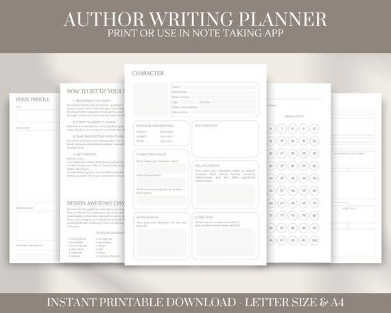 Author Printable Templates | Novel Writing | Writers Planner | Book Planning Workbook and Organiser | A4 Download