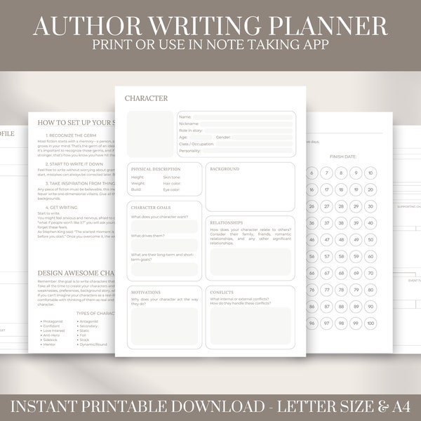 Author Printable Templates | Novel Writing | Writers Planner | Book Planning Workbook and Organiser | A4 Download