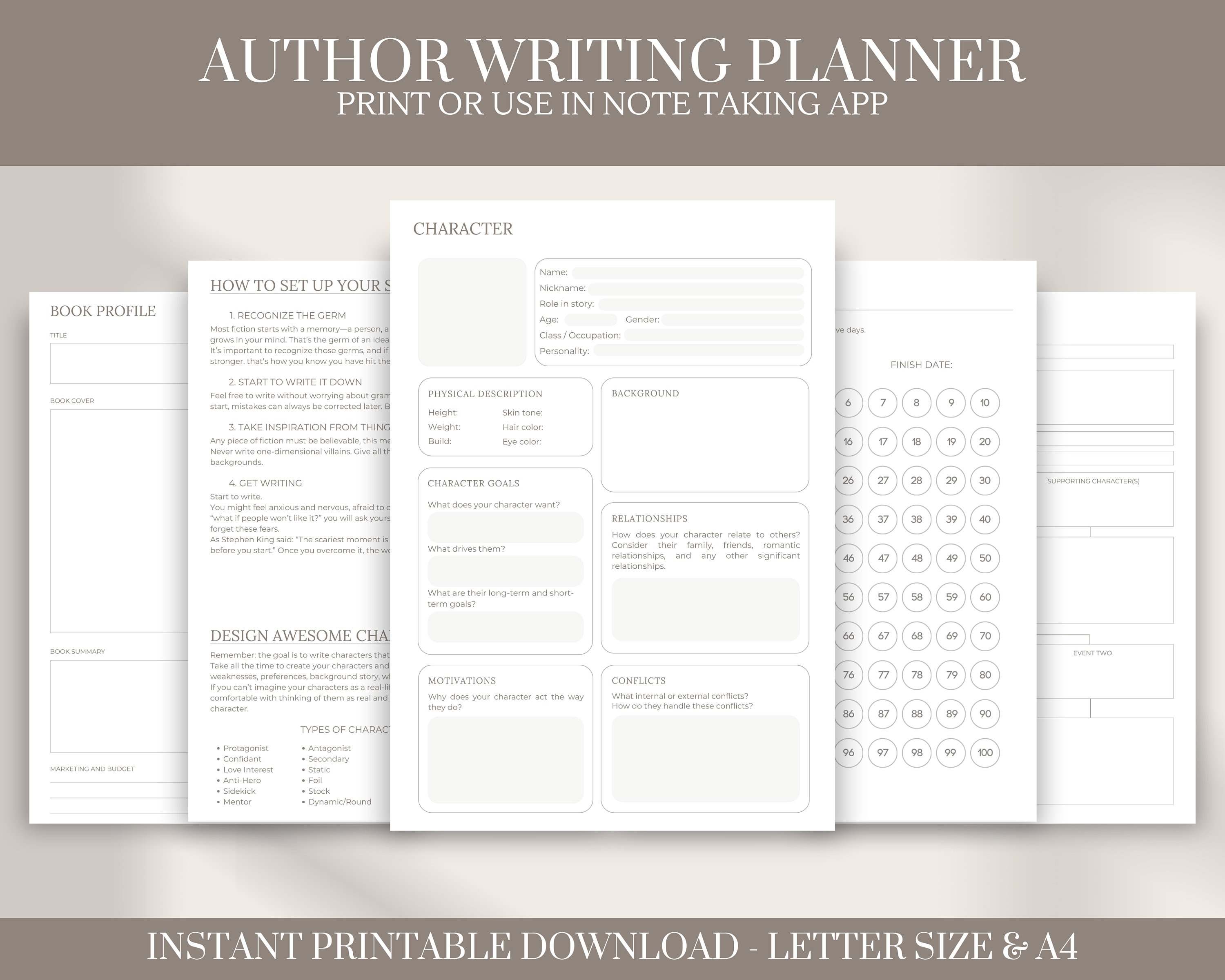 Author Printable Templates | Novel Writing | Writers Planner | Book Planning Workbook and Organiser | A4 Download