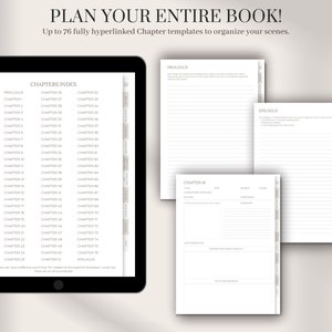 May include: A digital planner for writers with a gray background and a white interface. The planner includes a chapter index with up to 76 chapters, a prologue, and an epilogue. Each chapter includes space for the title, characters, action, words, and pages. The planner also includes space for location, obstacles, and plot twists.