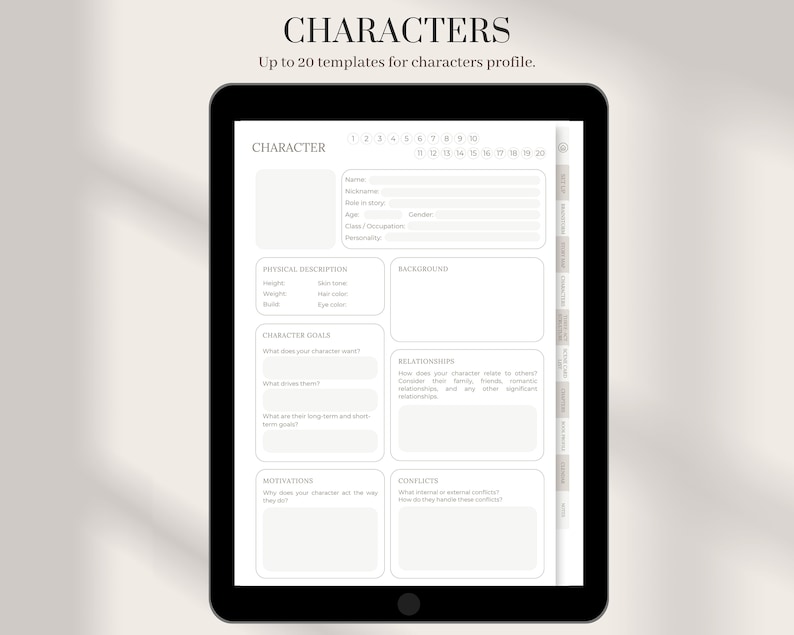 May include: A printable character profile template with sections for name, nickname, role in story, age, gender, class/occupation, personality, physical description, background, character goals, relationships, motivations, and conflicts. The template is designed for creating character profiles for stories, novels, or screenplays.