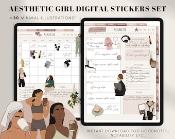 Aesthetic Girl Digital Stickers, Minimal Clipart, Women Icons, Digital Stickers Set Pack for GoodNotes Planner, iPad Stickers