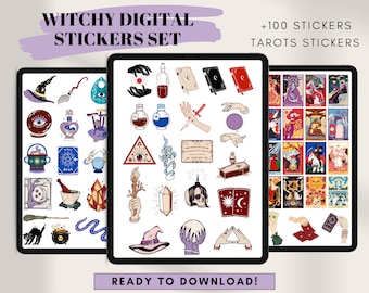 Witchy Digital Stickers Set Pack for Planners, Dark Academia, PNG Individual Stickers, GoodNotes Sticker, Gothic, Tarots Illustrations