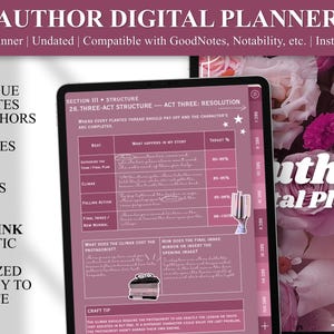 May include: A digital planner for authors displayed on a tablet screen, featuring a pink interface with a three-act structure template, text sections, and navigation tabs. The background shows a floral arrangement with the text Author Digital Planner.