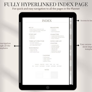 May include: A digital planner index page with a list of templates for writing a book, including set up, story map, three act structure, book profile, brainstorm, characters, scene card list, chapters, and calendar. The index page is fully hyperlinked for easy navigation.