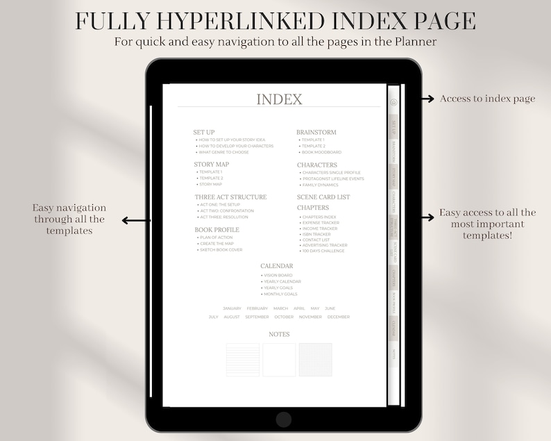May include: A digital planner index page with a list of templates for writing a book, including set up, story map, three act structure, book profile, brainstorm, characters, scene card list, chapters, and calendar. The index page is fully hyperlinked for easy navigation.