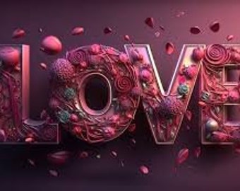 May include: The word "LOVE" is formed with 3D letters made of pink, red, and green floral designs. The letters are surrounded by pink petals.