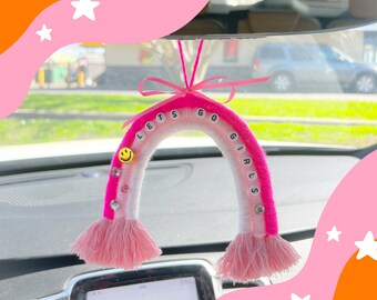 Macrame Rainbow || Car Charm || Car Hanging || Car Accessory || Custom Rainbow || Gift || Yarn Rainbow || Pink || Preppy