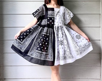 Handmade Half And Half Split Black White Bandana Dress