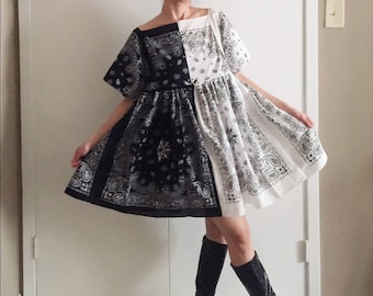 Handmade Half And Half Split Bandana Dress Black White