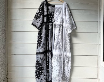 Handmade Bandana Dress Half And Half Split Maxi Dress Black White.