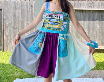 Handmade Dress Using Trader Joe’s Tote&Carleton Varney Fabric SKU 08032 Sardine Fish/Big Pockets/With Scrunchies