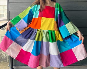 Handmade Rainbow Quilted Patchwork Colorblock Dress SKU 04112