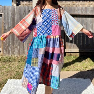 Vestido a cuadros con patchwork acolchado hecho a mano SKU 02245