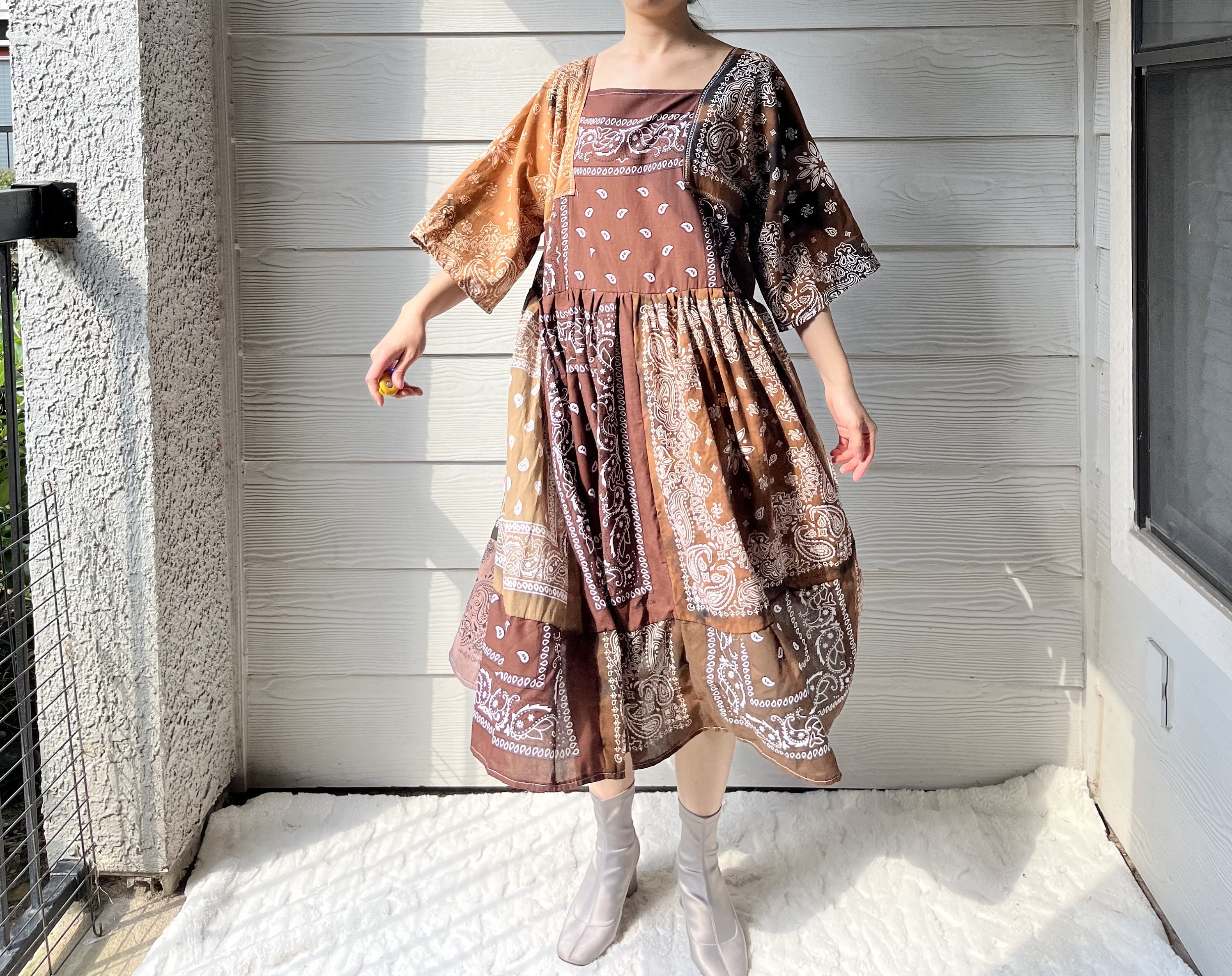 bandana dress brown Handmade Earthy SKU 06157 Brown/midi Roy's at Pebble Beach Emerald Green Dresses Color:Mogano Brown - Off White Flat Lay