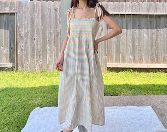 Handmade Pastel Gingham Smocked Sundress with Shoulder Ties | SKU 08034