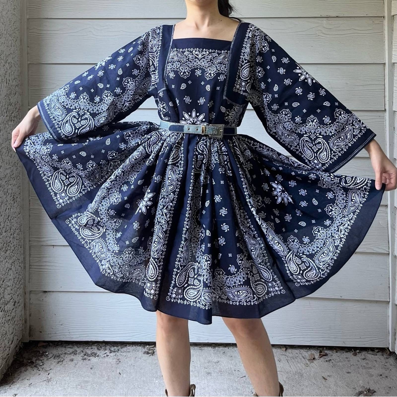 Vestido Panuelo Hecho A Mano Corto Azul Marino Etsy Mexico