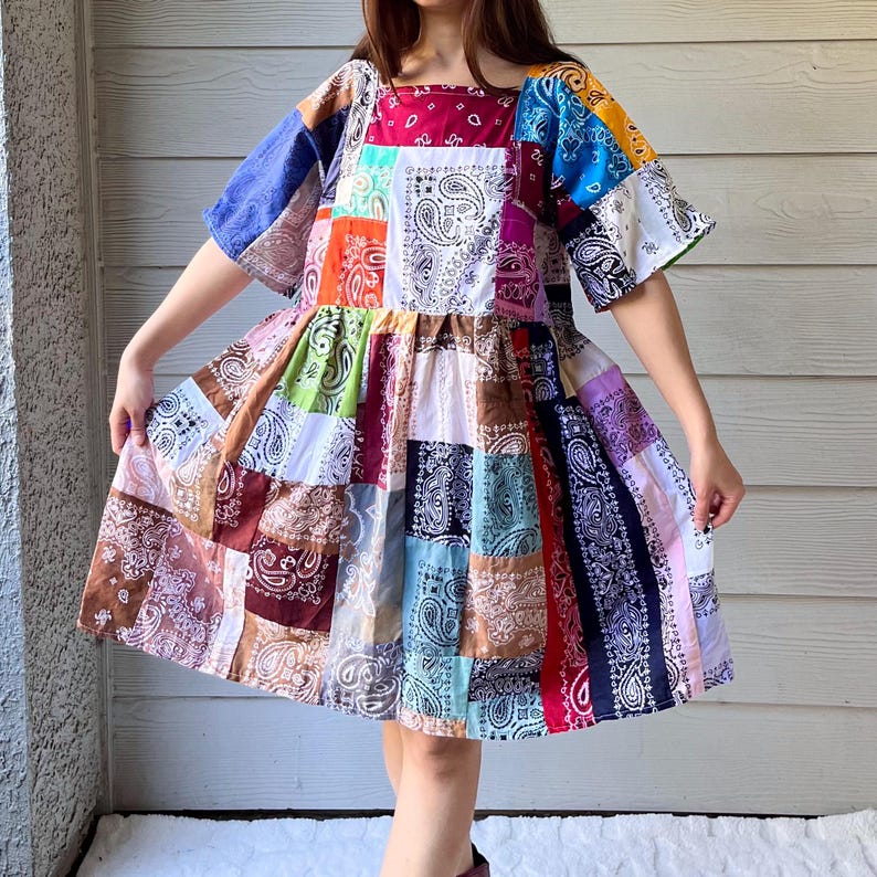 Bandana Pattern Slleves Handmade Rainbow Quilted Bandana Dress SKU 10182 - Etsy