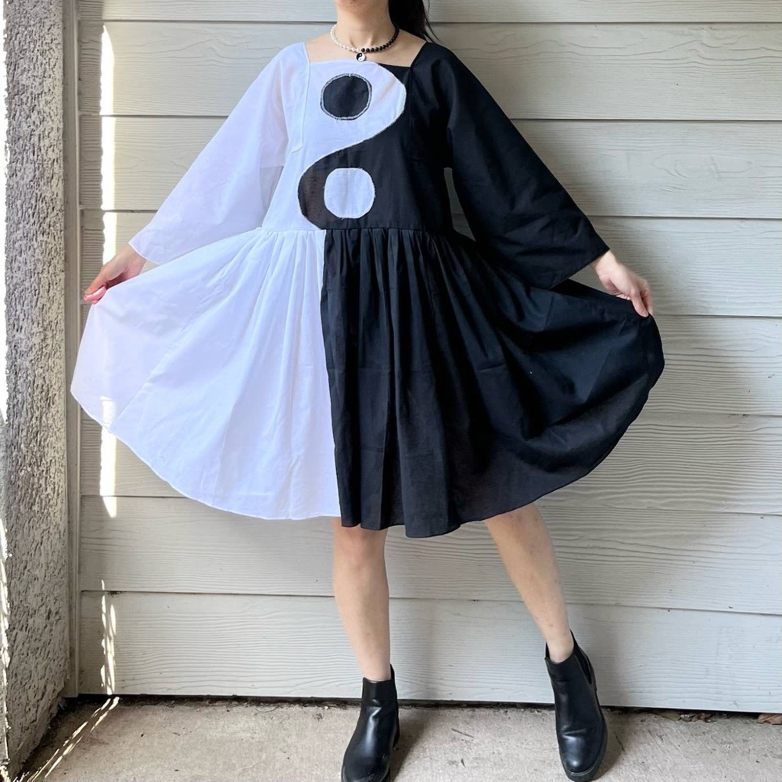 Handmade Yin Yang Half and Half Split Black and White Dress Handmade Yin Yang Half and Half Split Black and White Dress