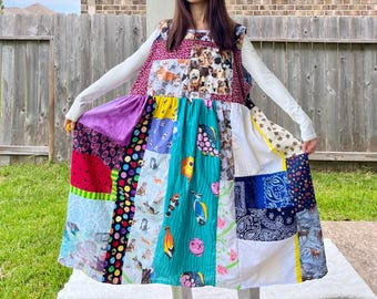 Arcade Dress | Dogs&Cats | Handmade Quilted Bandana Dress Vibrant/Eclectic SKU 08015